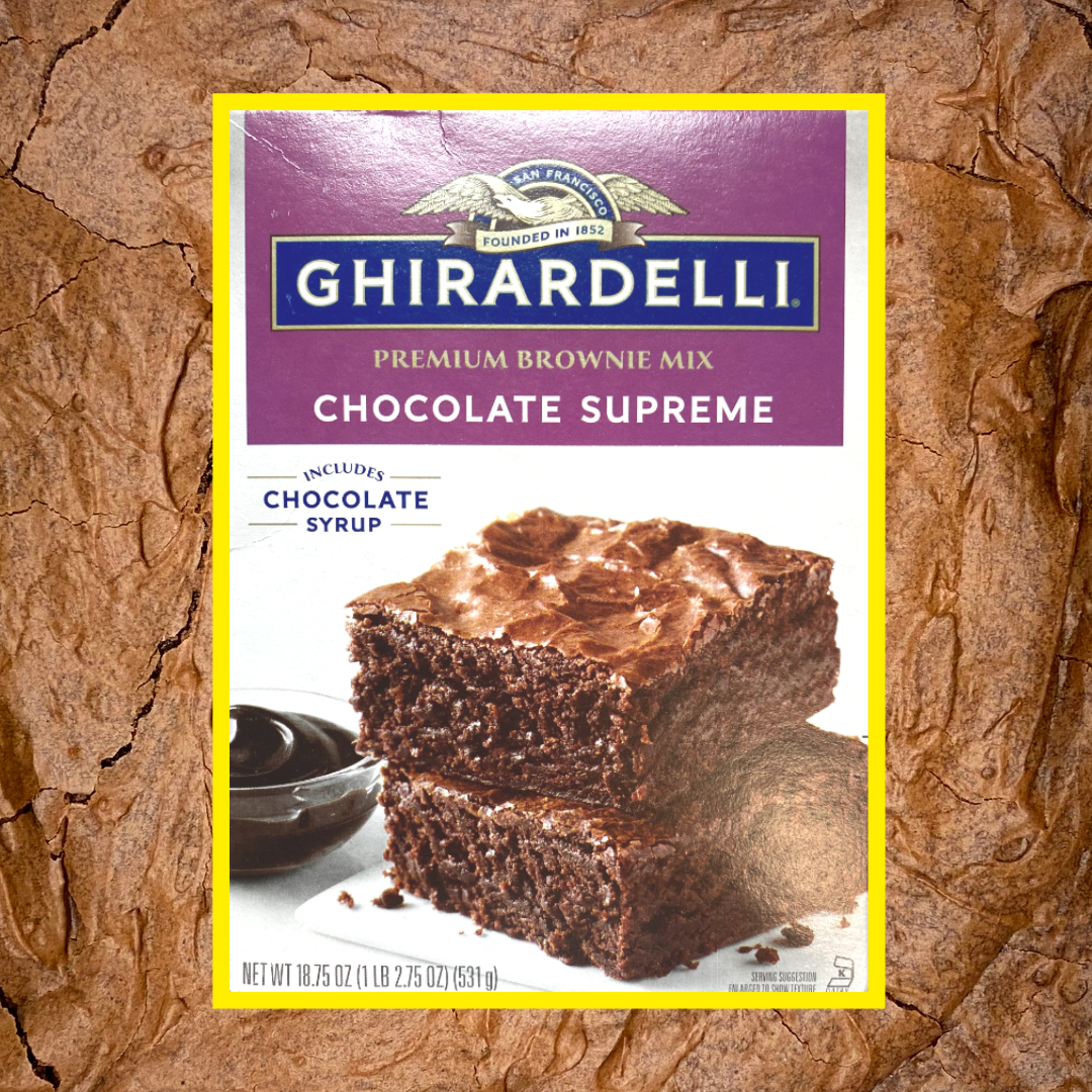 Ghirardelli Chocolate Supreme brownie mix box with an image of a brownie and syrup
