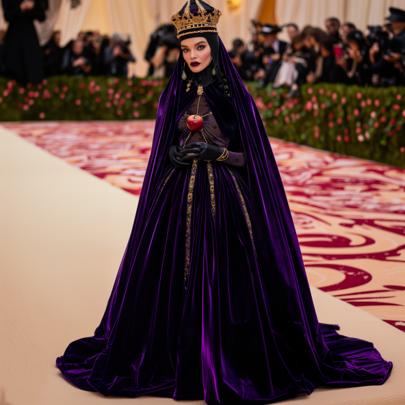 Elsa from Frozen in a regal purple gown with a high collar and cape, holding an apple, at a themed event
