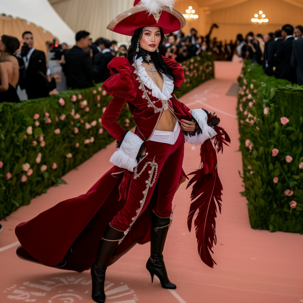 Woman in a pirate-inspired red jacket, wide-brimmed hat, white crop top, and high boots on a red carpet