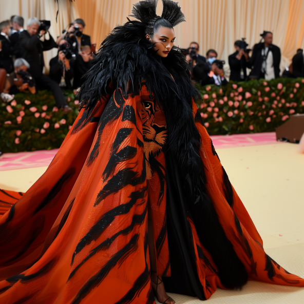 Person on red carpet in a dramatic black and orange feathered ensemble with photographers in the background