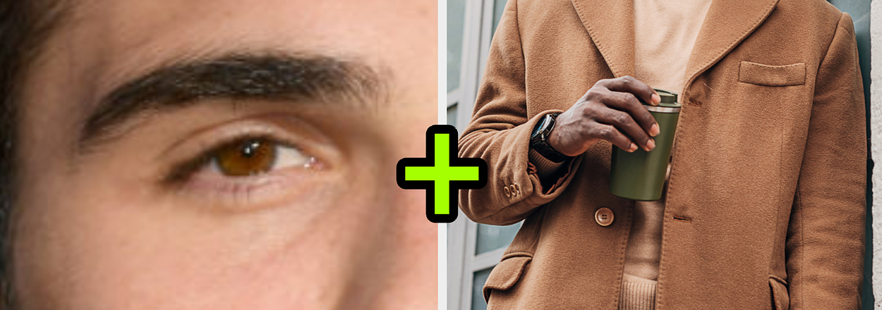Close-up of a man's eye on left, and a man in a coat holding a cup on right