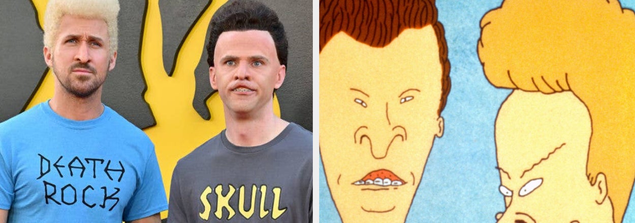 Two men parodying Beavis and Butt-Head beside a cartoon image of the characters, with a styled social media like symbol