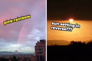 Split image showing a natural pink rainbow on the left and an unusual sunset resembling a sunrise on the right