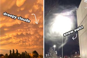 Mammatus clouds on left, snow whirlwind at night on the right, both with descriptive text annotations