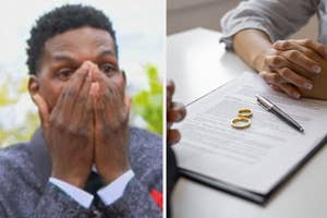 Split image: Left is a man in gray suit with hand over mouth; Right is divorce papers with wedding rings on top