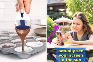 model using a gadget to dispense batter into a muffin tray; another using a mini umbrella on a phone outdoors "actually see your screen in the sun"