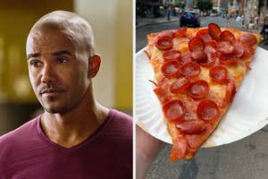 On the left, Shemar Moore as Derek Morgan on Criminal Minds, and on the right, a slice of pepperoni pizza on a paper plate