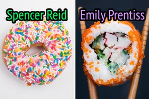 On the left, a frosted donut with sprinkles labeled Spencer Reid, and on the right a piece of sushi in between chopsticks labeled Emily Prentiss