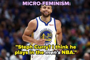 Steph Curry in basketball uniform on court with a satirical caption about micro-feminism and his role in the NBA