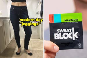 Person in skinny jeans and person holding a SweatBlock antiperspirant wipe