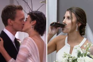 Two scenes: Left shows bride and groom kissing at a wedding. Right shows a bride drinking from a flask