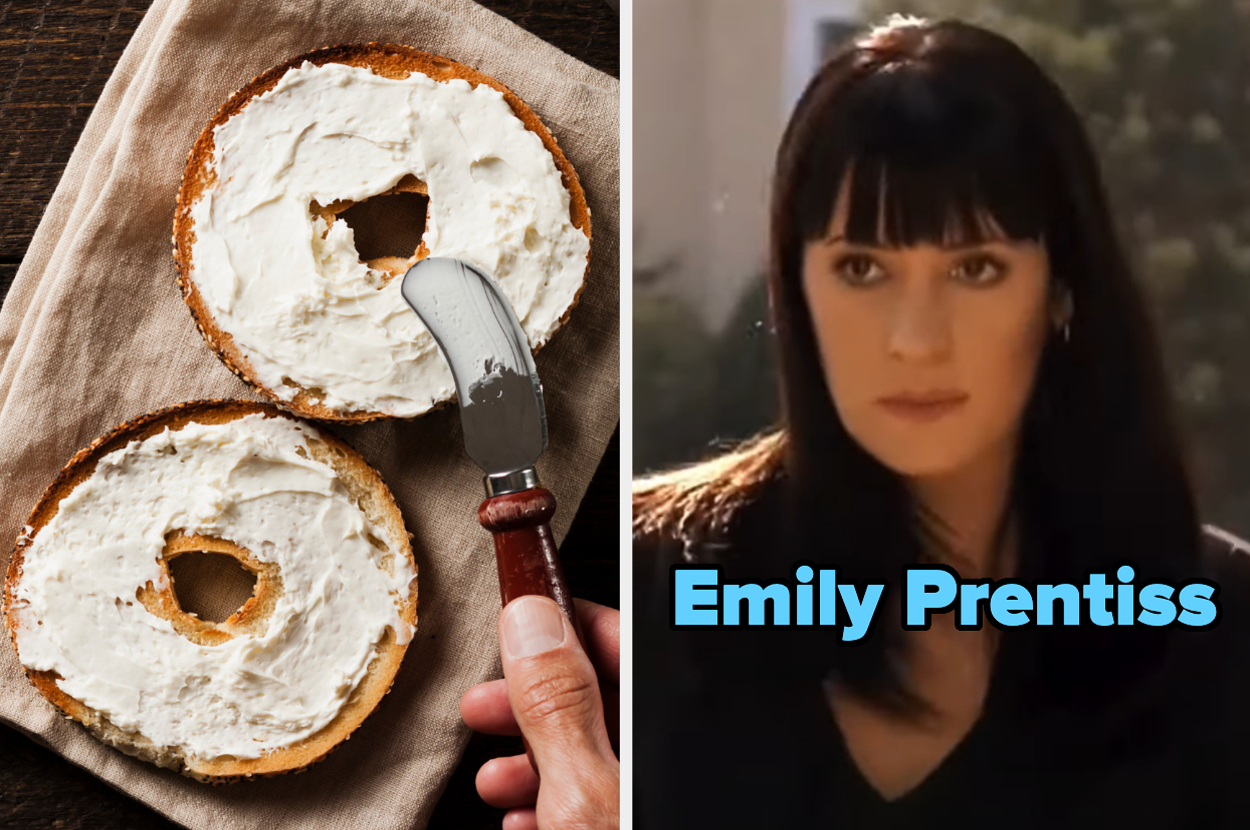 On the left, a bagel with cream cheese, and on the right, Paget Brewster as Emily Prentiss on Criminal Minds