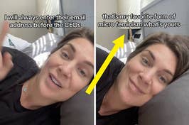 Woman in bed smiling at camera, text says she prefers entering her email before CEOs' in forms, asking about favorite micro feminism forms