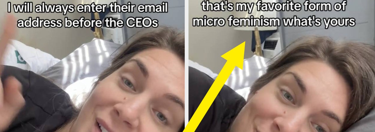 Woman in bed smiling at camera, text says she prefers entering her email before CEOs' in forms, asking about favorite micro feminism forms