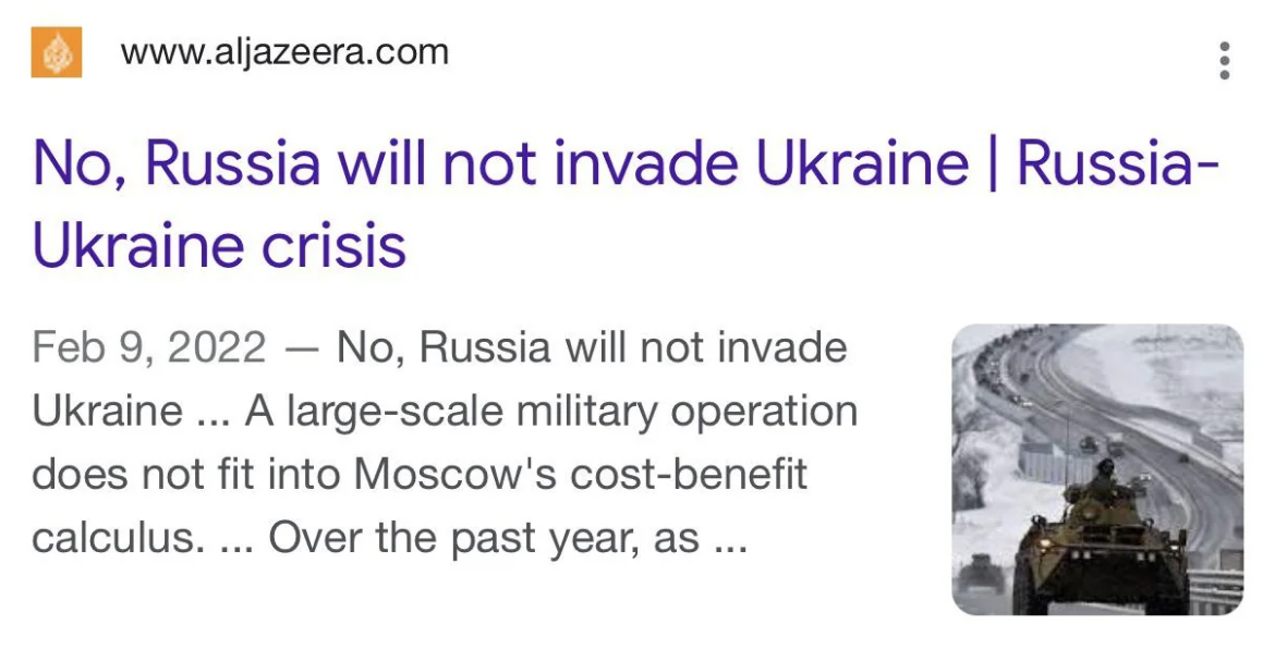 Screen capture of an article titled &quot;No, Russia will not invade Ukraine | Russia-Ukraine crisis&quot; showing a tank on a road