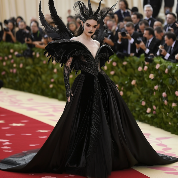 Person in dramatic black outfit with large winged headdress on red carpet