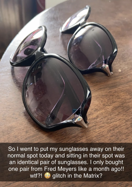 Two identical pairs of sunglasses on a wooden surface with a surprised text overlay about doubling items