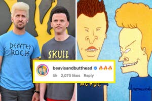 Two men parodying Beavis and Butt-Head beside a cartoon image of the characters, with a styled social media like symbol