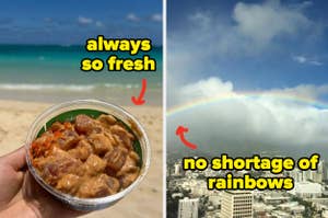 Left: Hand holding a poke bowl. Right: Rainbow over city skyline. Text on both images
