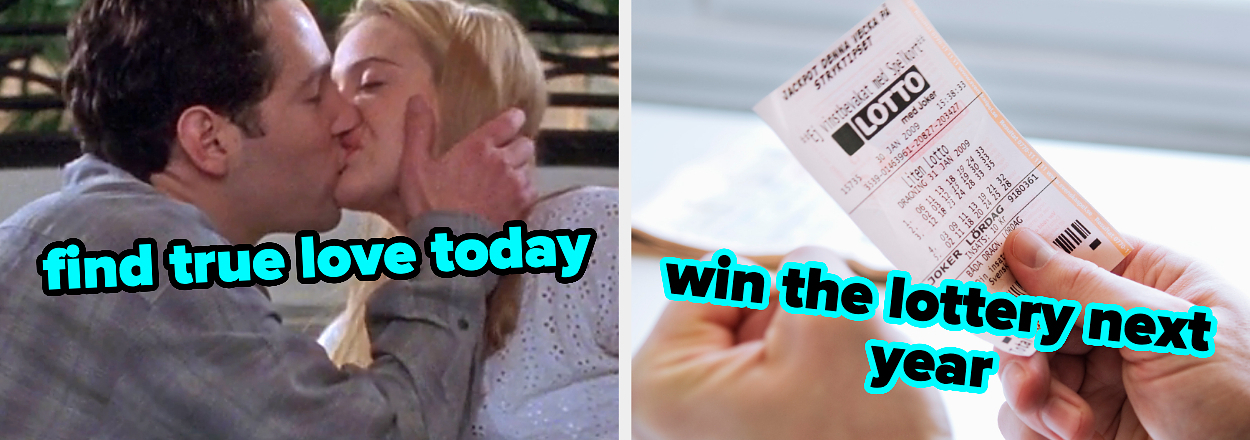 Would you rather typed at the top, and on the right, Josh and Cher from Clueless kissing labeled find true love today, and on the right, someone holding a lottery tickey labeled win the lottery next year