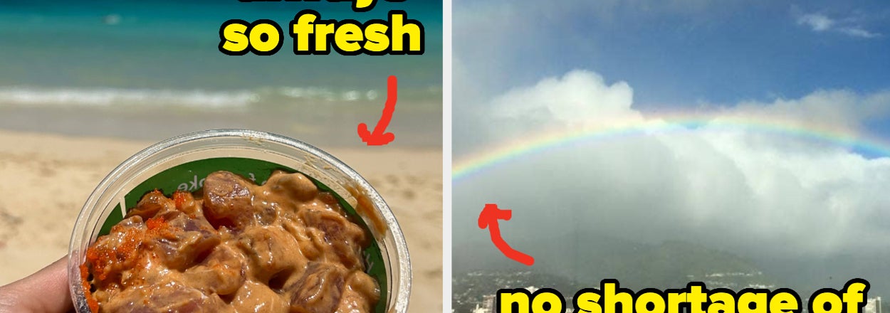 Left: Hand holding a poke bowl. Right: Rainbow over city skyline. Text on both images