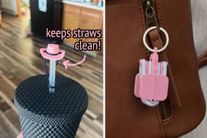 pink cowboy hat straw topper and hair ties on keychain