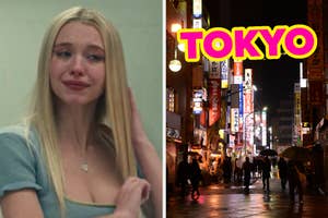 On the left, Sydney Sweeney crying as Cassie on Euphoria, and on the right, a bustling Tokyo neighborhood at night