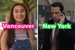 On the left, Belly from The Summer I Turned Pretty labeled Vancouver, and on the right, Kendall from Succession labeled New York