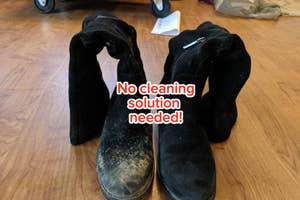 Two boots side-by-side: one covered in dirt and another cleaned with text that says "No cleaning solution needed!"