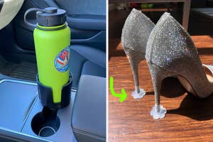 water bottle in car cup holder expander and heel stoppers on stilettos