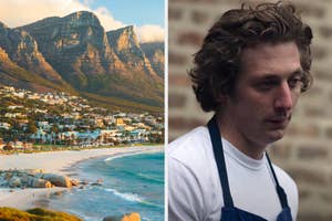 On the left, a beach in Cape Town, South Africa, and on the right, Jeremy Allen White as Carmy on The Bear