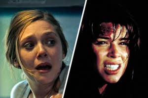 Elizabeth Olsen and Neve Campbell both looking scared.