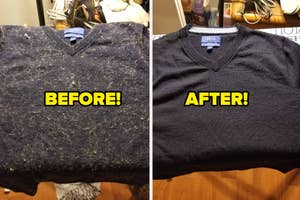 left: sweater covered in pills, right: same sweater with brand-new look after using fabric defuzzer