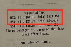 Receipt with suggested tips: 35% ($21.91), 25% ($15.64), 15% ($9.36) based on the total price after taxes. "Merchant Copy" at the bottom
