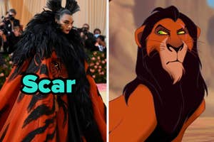 Model dressed in dramatic feathered outfit next to animated Scar from The Lion King
