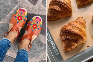 Person's feet in denim jeans wearing bright floral sandals, next to image of golden croissants on a baking sheet