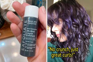 Person holds Paula's Choice skincare product; another shows healthy, curly hair, likely result of product use