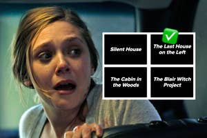 Elizabeth Olsen with an anxious expression, gripping a seat inside a vehicle