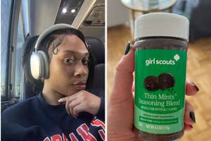 Person with headphones on a bus and a hand holding Girl Scout Thin Mints seasoning blend
