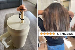 Person holding a water bottle on left, someone's straight long hair after using a hair care product on right with a five-star review