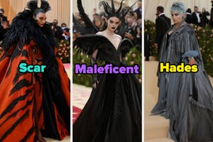 Scar, Maleficent, and Hades figures in themed outfits on display