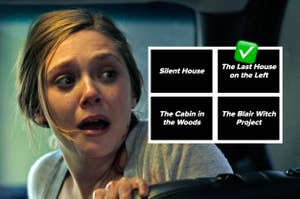 Elizabeth Olsen with an anxious expression, gripping a seat inside a vehicle