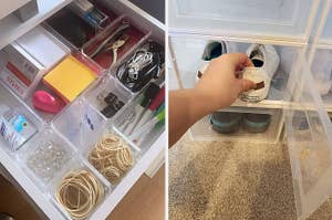 A split image showing organized drawers with various items on the left, and a hand placing a label on a shoe container on the right, related to shopping and organization