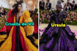 Cruella de Vil and Ursula in elaborate themed costumes at a style event