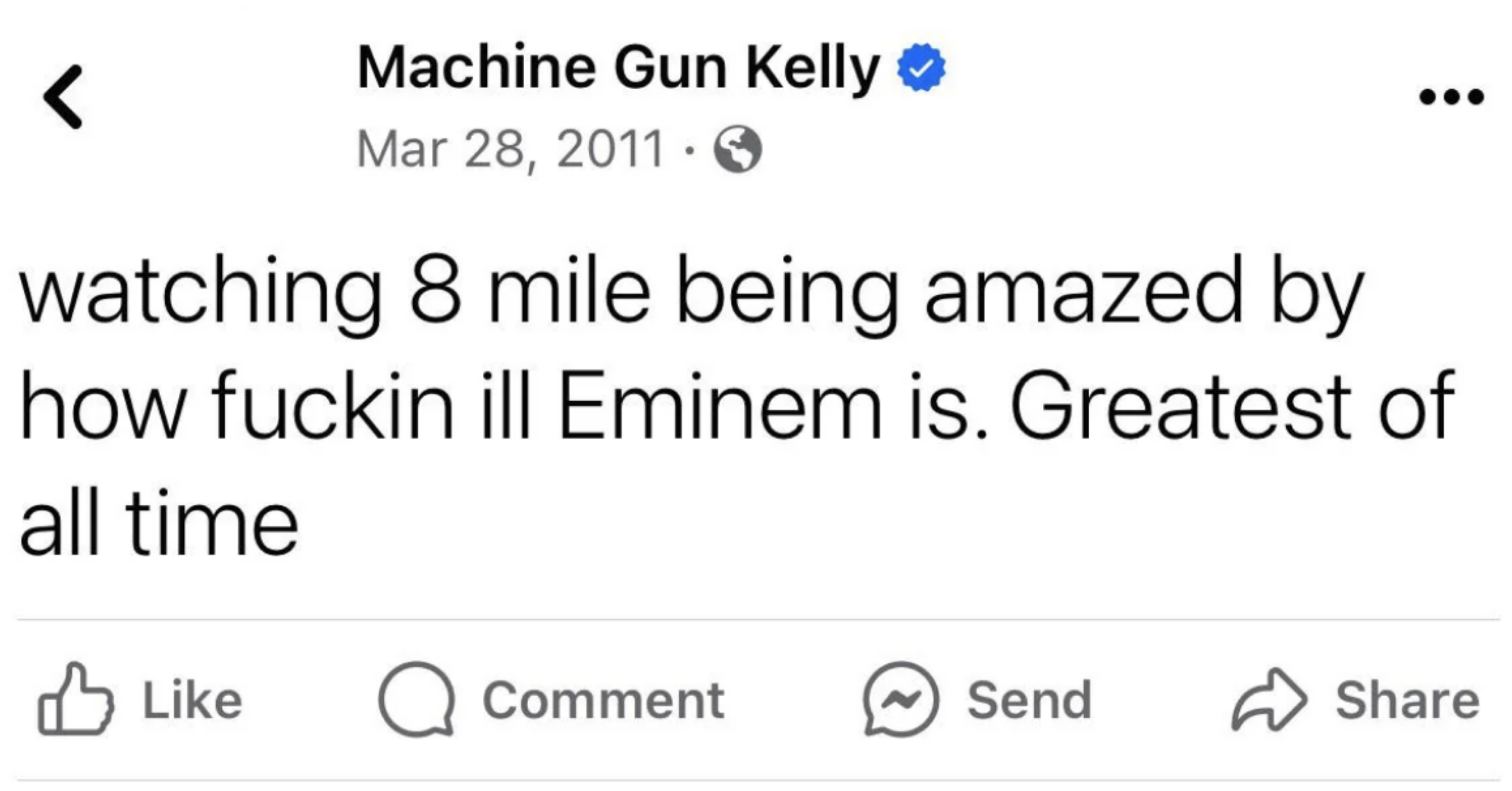 Tweet from Machine Gun Kelly expressing admiration for Eminem while watching 8 Mile, dated Mar 28, 2011