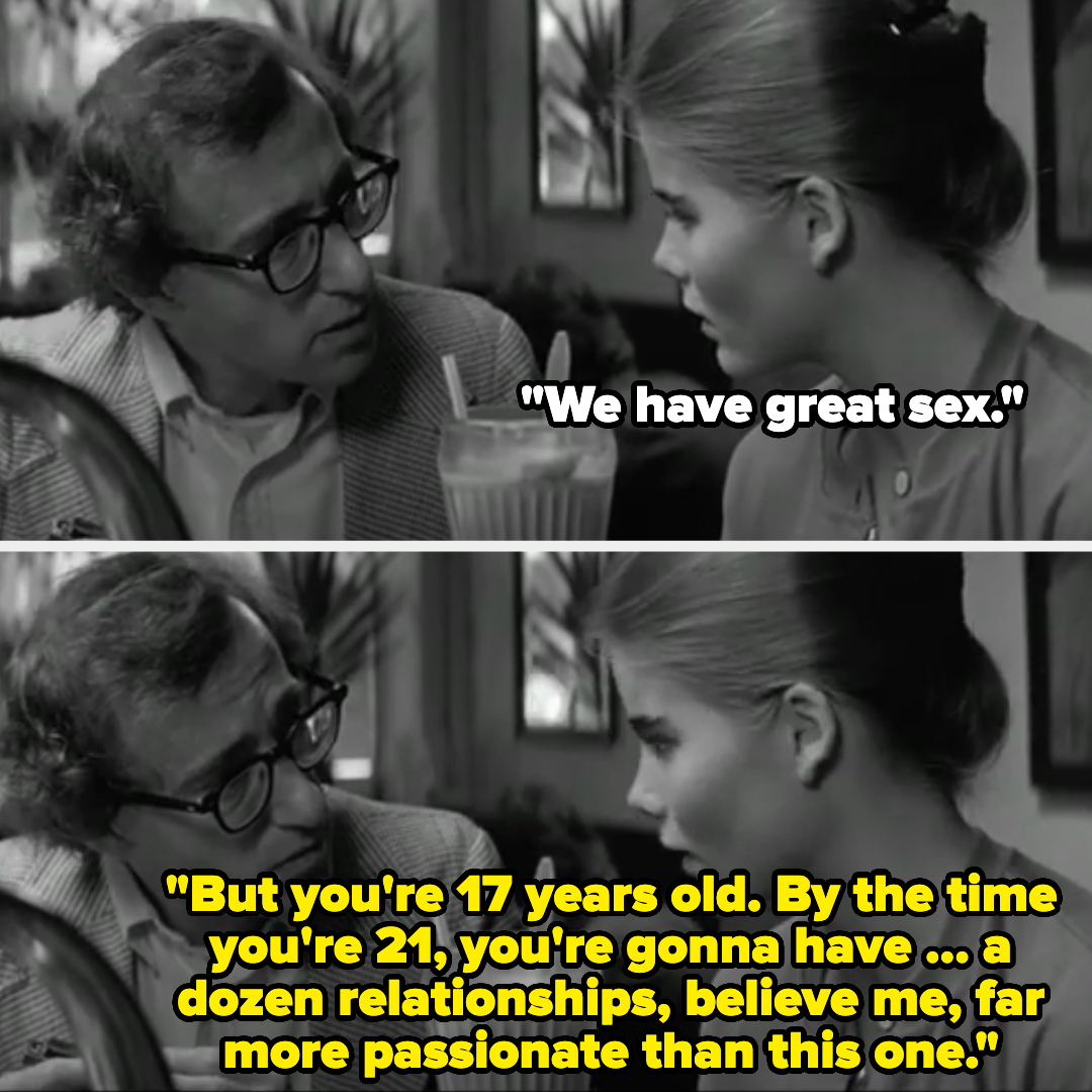 Two characters from Woody Allen&#x27;s &quot;Manhattan&quot; are in conversation with subtitles reflecting dialogue on relationships