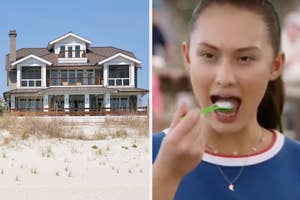 House on the beach and Belly from "The Summer I Turned Pretty" eating ice cream with a spoon.