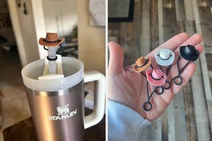 A hand holding various small, novelty cowboy hat-shaped silicone toppers for beverage mugs next to a mug displaying one of the toppers