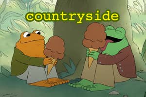 Animated characters Frog and Toad enjoying a peaceful moment with ice cream by a tree with the text overlaid "countryside."