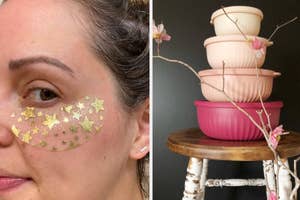 A person with star-shaped facial patches and a stack of mix-and-match pastel cookware with floral accents